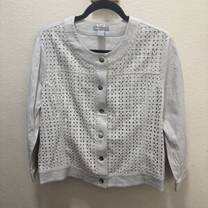 Bella Colori Women Linen Blend Jacket Cardigan Light Gray W/ Buttons Eyelet Sz M